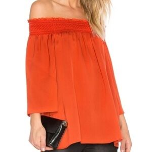 Theory Elistaire Off The Shoulder Silk Blouse in Paprika Size Large